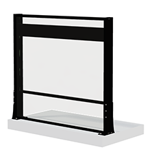 Garde-corps en verre réglable en hauteur, avec des profilés noirs et un lestage sur le sol en béton