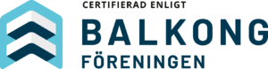 Logotyp för Balkongföreningen med texten “Certifierad enligt Balkongföreningen”.