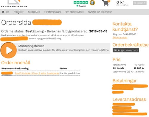 Ordersida räckesbutiken