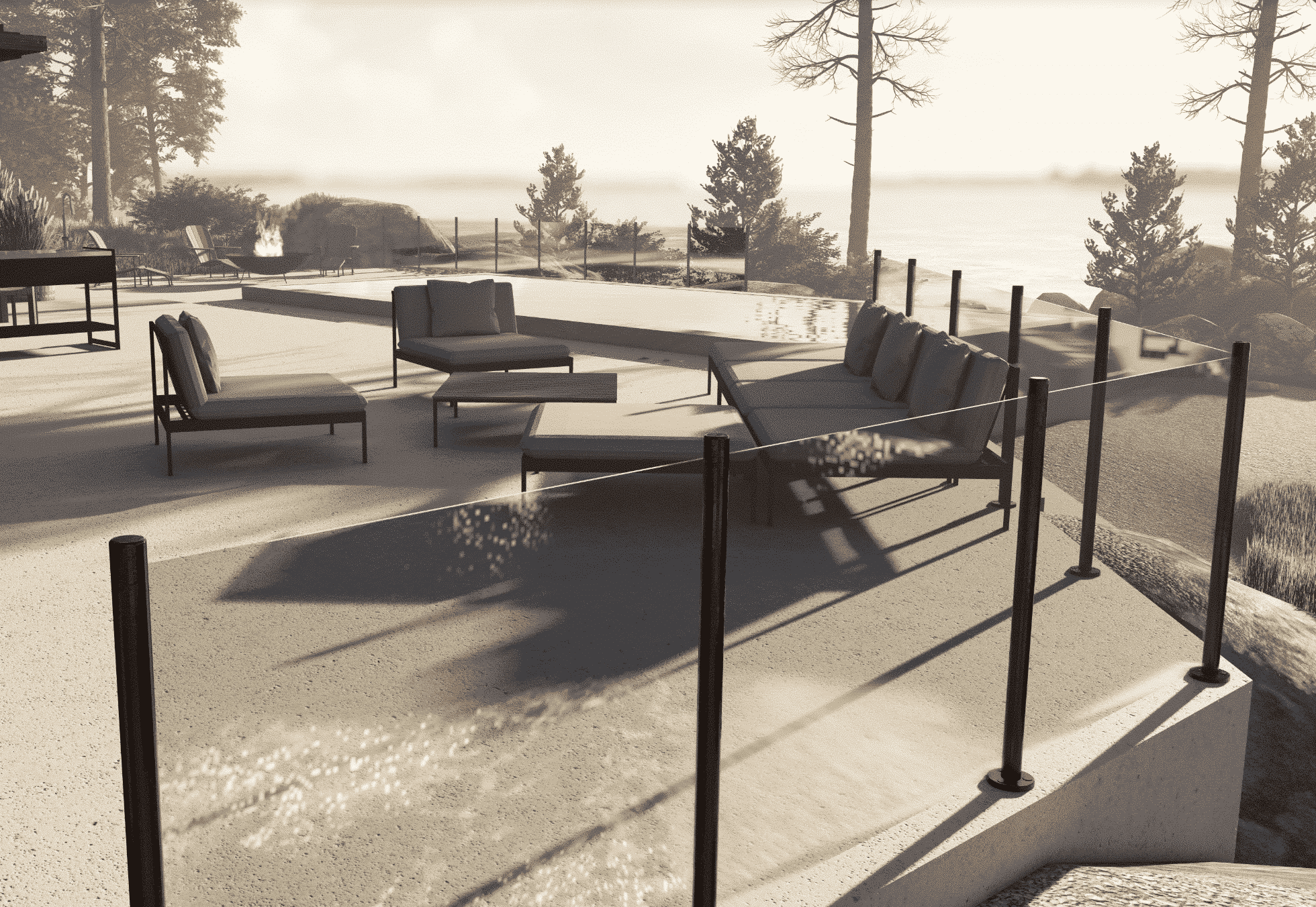 Alu Sense glasräcke på en uteplats